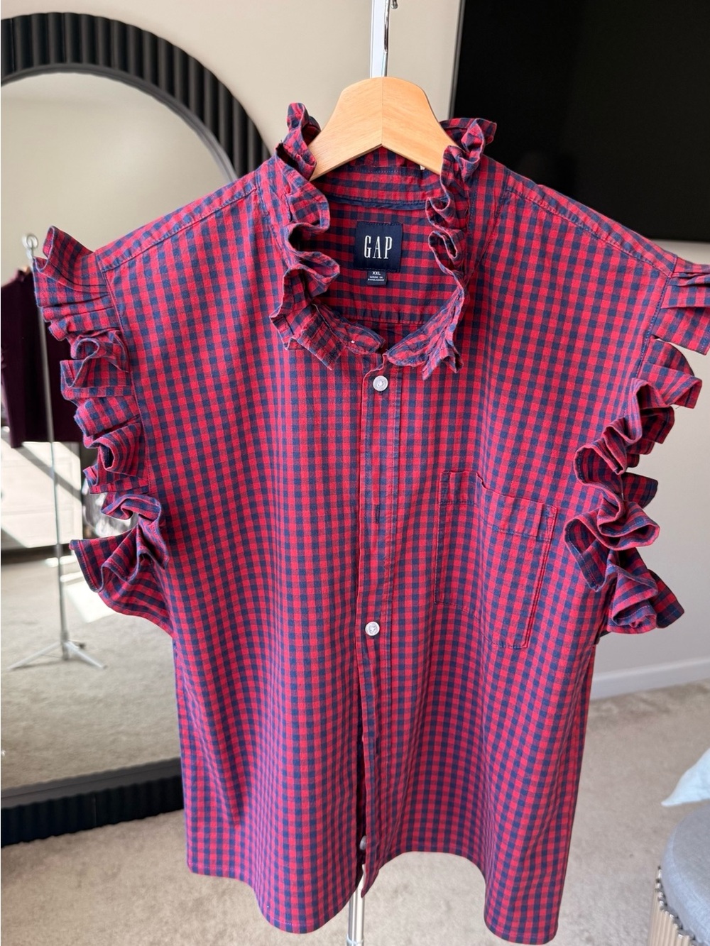 Reloved Upcycle shirt to Ruffle Collar Blouse Perfect for Memorial’s Day